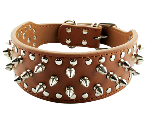 Brown Leather Spiked Studded Collar 2" Wide