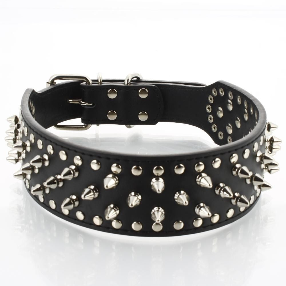 Black Leather Spiked Studded Collar 2" Wide