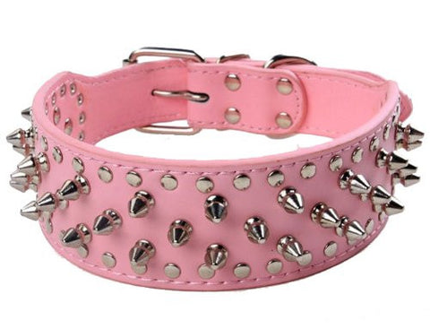 Pink Leather Spiked Studded Collar 2" Wide